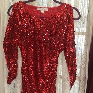 Boston Proper Red Sequin Cold Shoulder Top S